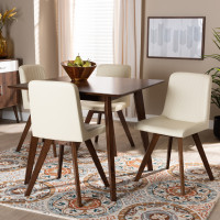 Baxton Studio LW1902G/LWM90908HL32-Cream/Walnut-5PC Dining Set Pernille Modern Transitional Cream Faux Leather Upholstered Walnut Finished Wood 5-Piece Dining Set